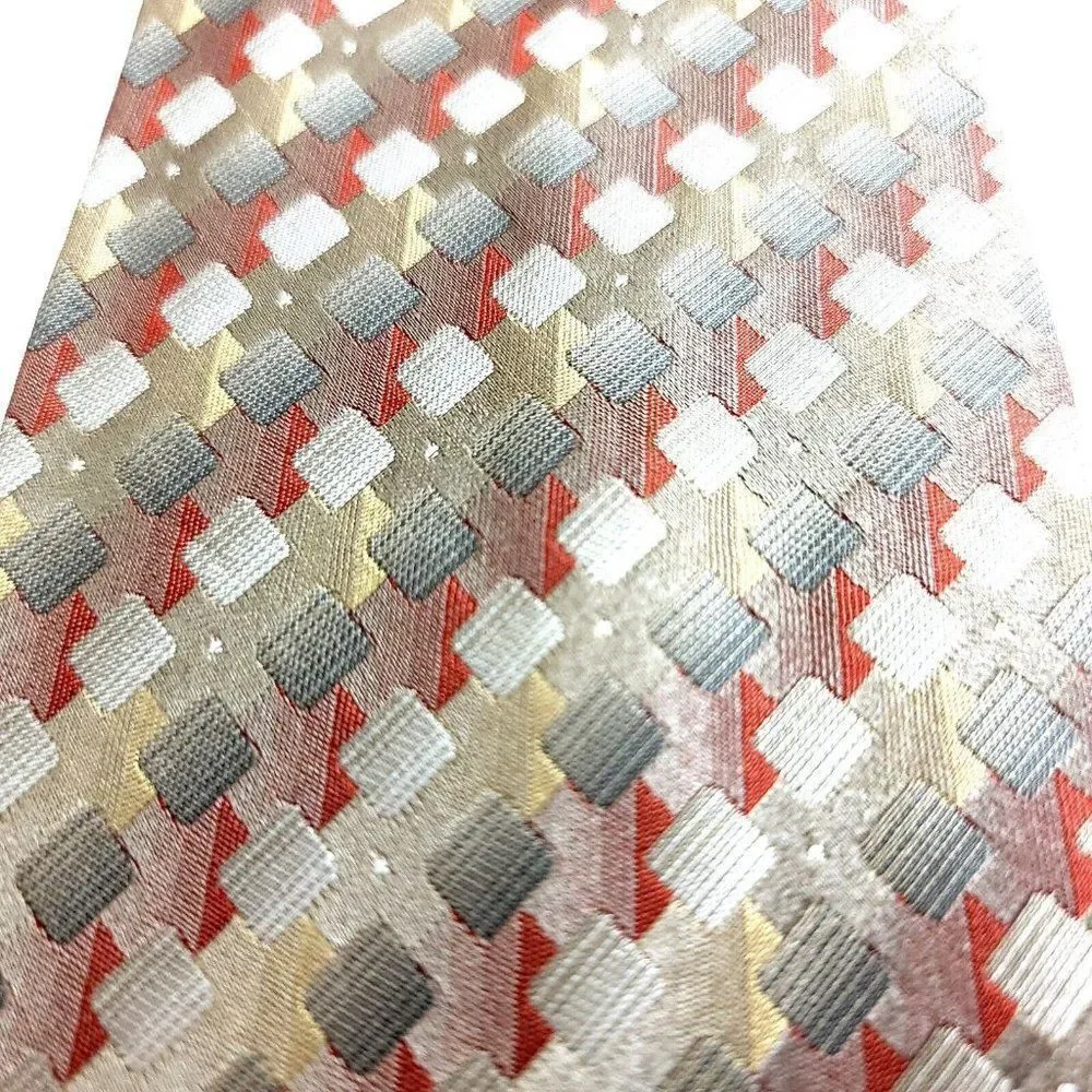 Van Heusen Brown Tan Red Woven Geometric Stain Resistant Silk Tie‎